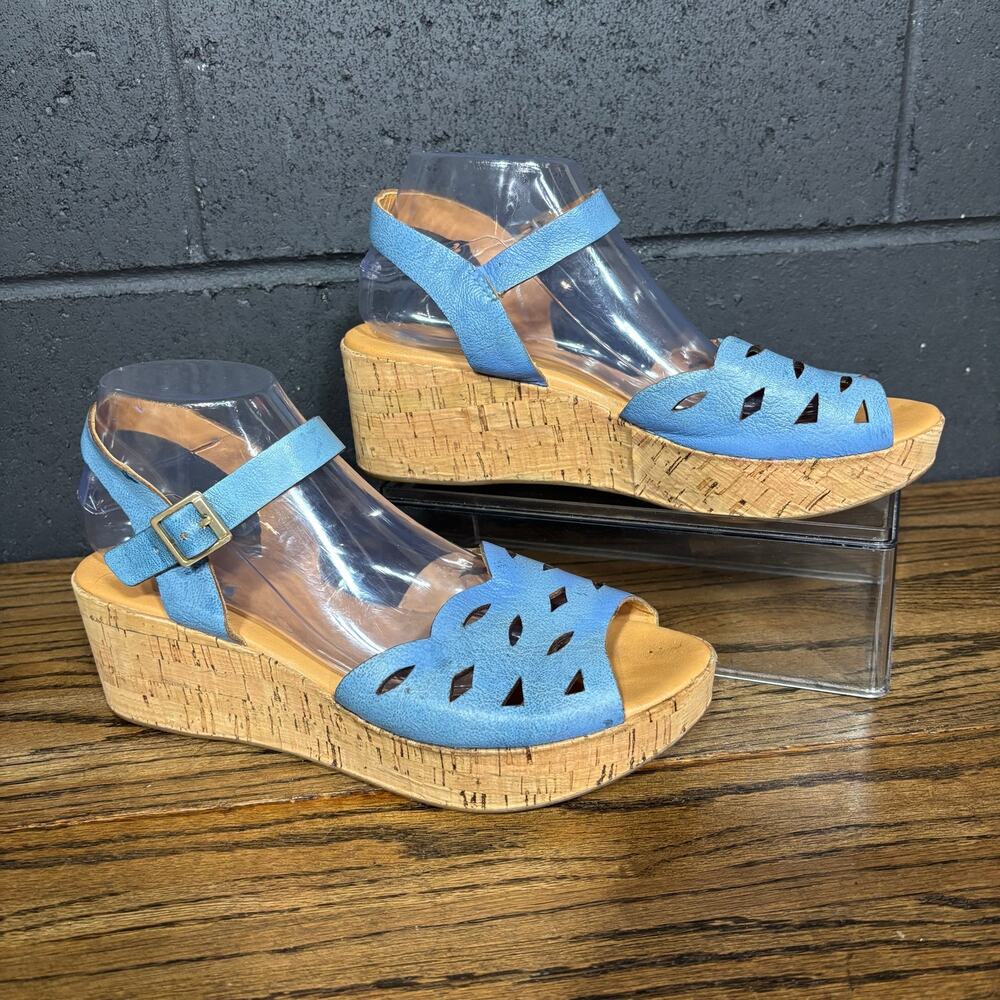 Korks by Kork-Ease Blue Leather Cork Platform Wedge Sandals Women’s 10